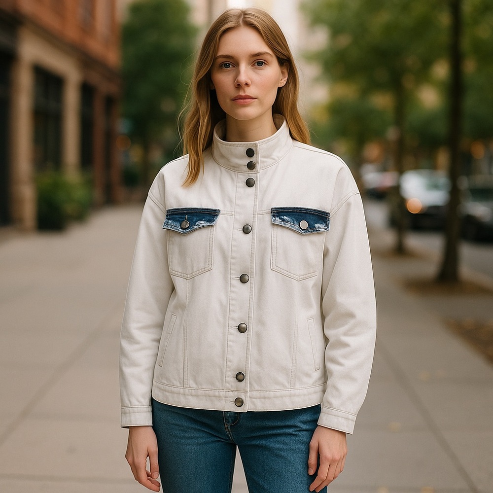 NWT Cabi New Drew Jacket #5853 White Light blue/Blue Fade Wash Large
